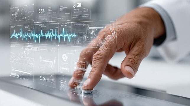 Human Hand on Biometric Sensor with Holographic AI Diagnostics &ndash; Healthcare Technology

