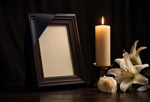 A memorial photo frame with a black mourning ribbon, a lit candle, and white lily flowers on a dark wooden table in a solemn atmosphere
