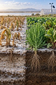 Illustration comparing struggling crops and salt tolerant plants