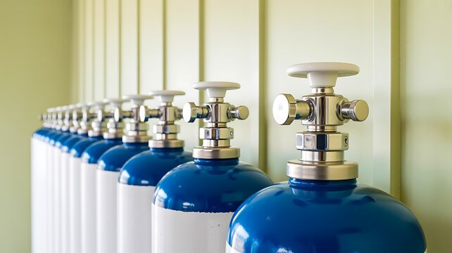 Blue medical oxygen cylinders arranged for healthcare and emergency treatment