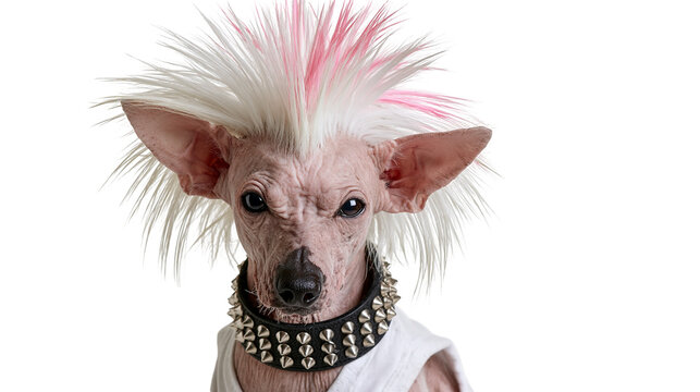 Hairless Chinese Crested dog with pink mohawk hairstyle and spiked leather collar