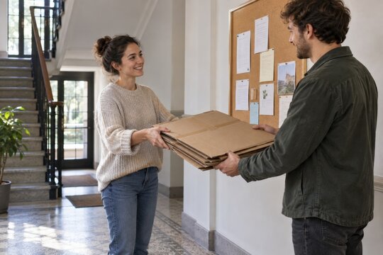 Neighbors exchanging flattened cardboard in a hallway