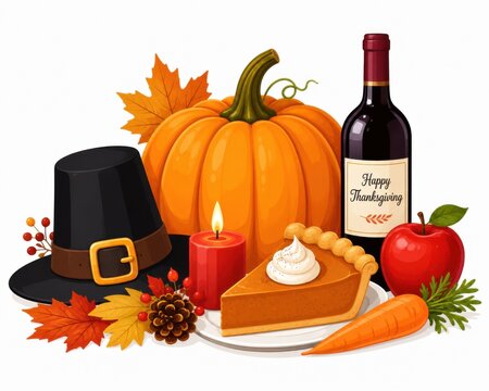 Thanksgiving pumpkin pie with autumn leaves and pilgrim hat on white background