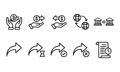Obraz premium Money transfer line icon set, 10 black outline banking symbols for fintech apps, international payment and currency exchange vector icons in EPS format
