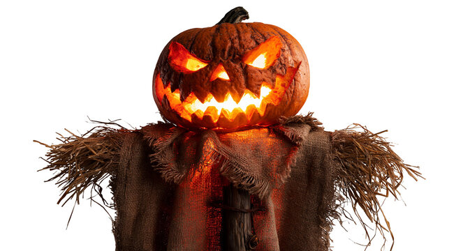 Scary carved pumpkin jack-o-lantern head on a rustic burlap scarecrow body