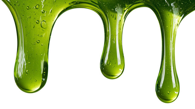 Thick viscous green liquid dripping with small air bubbles