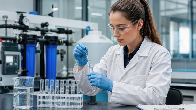 female scientist pipetting water sample into test tube in laboratory with filtration equipment, concept of water quality testing