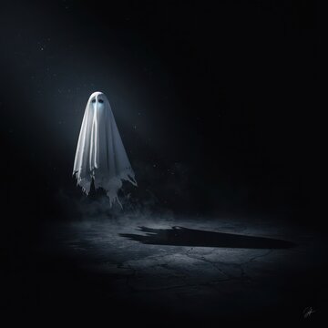 Ghostly figure floating over dark misty ground at night