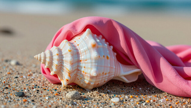 Pink fabric draped over a seashell on sandy beach.