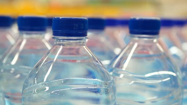 Close up shot of multiple transparent plastic bottles with blue caps filled with clear water, camera moving around the bottles