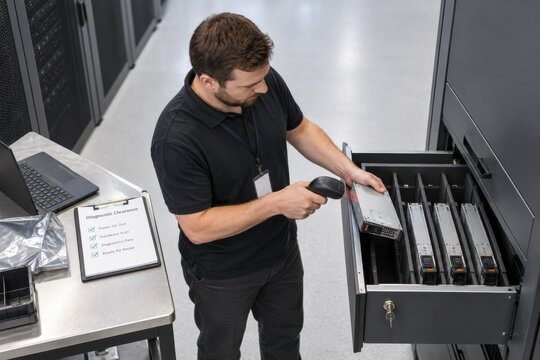 Technician scanning a stored server component in a cabinet