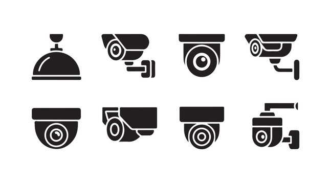 Black surveillance camera icons featuring dome and wall mount models for commercial building security and area monitoring.