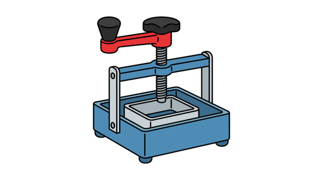 Small manual screw press machine with red handle.