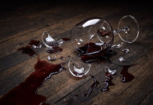 A shattered wine glass with spilled red wine on a rustic dark wooden surface representing accident, loss, or celebration aftermath