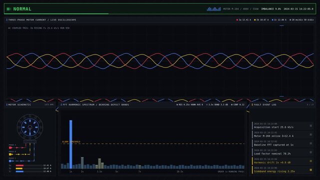 Sleek 4K dark motor current dashboard visualizing abnormal load and bearing problems with real-time waveform animation and fault log notifications for commercial creative technology and business use.
