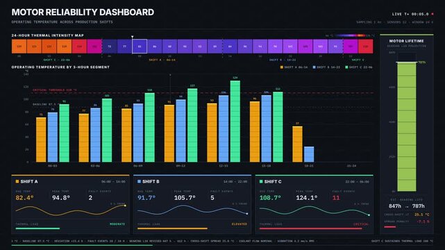 Explore the Motor Reliability Dashboard showcasing operating temperature variations across production shifts with vibrant color-coded visuals and dynamic animations.