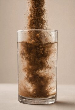 A high-speed photography shot of instant coffee powder being poured into a glass of water, creating a beautiful dispersion cloud