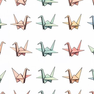 Seamless pattern of pastel origami paper cranes in flat vector illustration style on white background