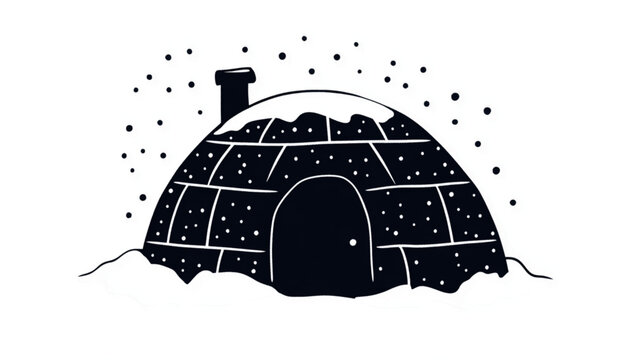 Igloo home vector art shows a traditional snow brick shelter with a smoking chimney and rounded entryway during a snowfall, isolated on a light background for arctic theme graphics and print layouts.