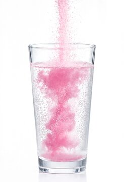 Pink effervescent powder pouring into a glass of sparkling water on a white background