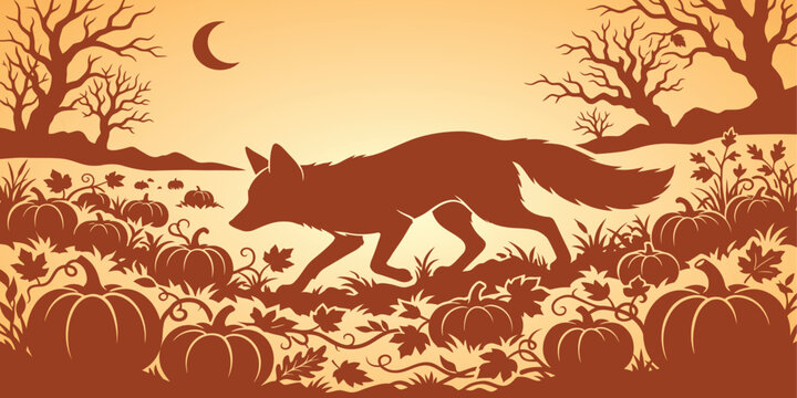 Wild fox walking through a pumpkin patch under a crescent moon with pumpkin fiel
