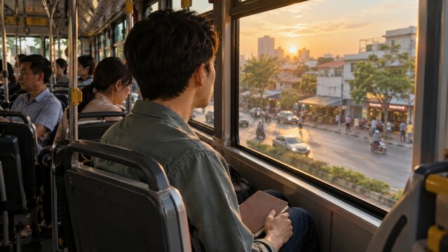 man gazes thoughtfully out a bus window at a city street during sunset, surrounded by other passengers on a calm, reflective journey.