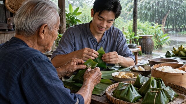 Two men, one elderly and one younger, preparing traditional food wrapped in green leaves at a rustic table with natural light and greenery in the background.