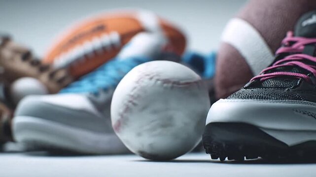 Close up of worn baseball with sports gear background