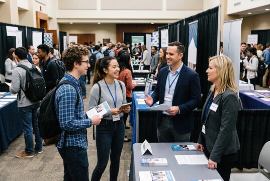 Students gather around booths at a career fair location on campus. They talk to recruiters and ask questions about job opportunities. It is spring, and many are seeking internships