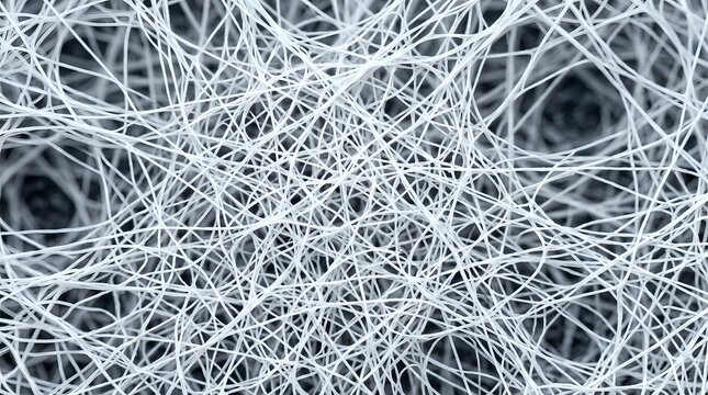 Tangled white fibers create an intricate, chaotic web pattern against a dark background