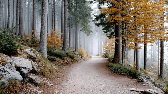 Winding Path Through Golden Autumn Forest with Morning Mist &ndash; Seasonal Landscape

