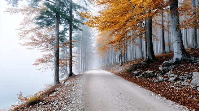 Winding Path Through Golden Autumn Forest with Morning Mist &ndash; Seasonal Landscape

