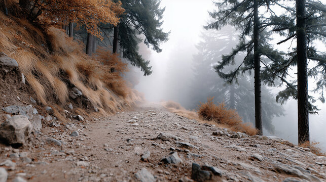 Winding Path Through Golden Autumn Forest with Morning Mist &ndash; Seasonal Landscape

