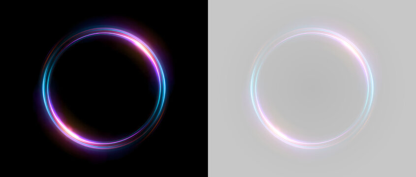 Neon light circle with radiant glow and luminous lines.