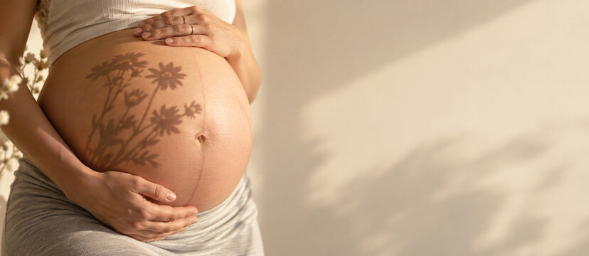 Pregnant Woman Cradling Baby Bump With Floral Shadow in Warm Natural Light and Copy Space
