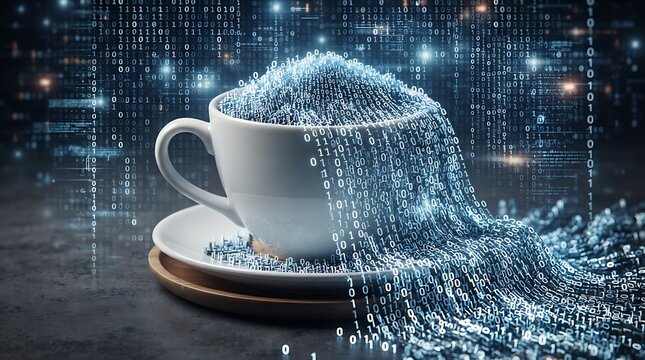 A conceptual cup of coffee overflowing with digital binary code data.