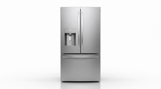 Modern stainless steel refrigerator with french doors, sleek silver fridge with water dispenser, contemporary kitchen appliance for home interior isolated PNG with Transparent Background