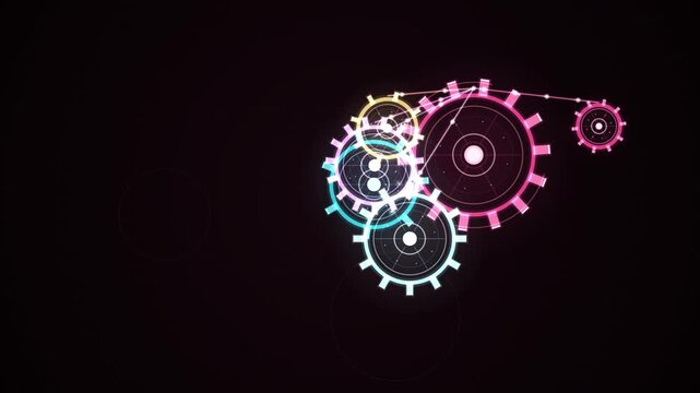 Abstract glowing gears interlock to form a continuous loop on a dark background.