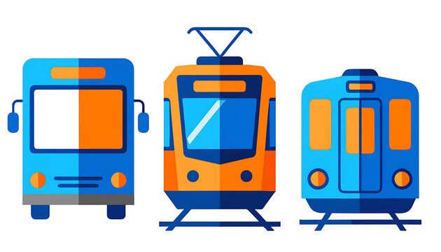 Vector illustration set of public transportation vehicles including a bus, tram, and train for transit and urban mobility concepts.
