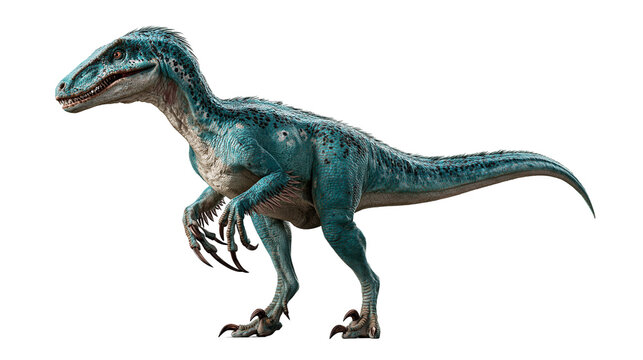 Blue feathered velociraptor dinosaur with sharp claws and textured skin