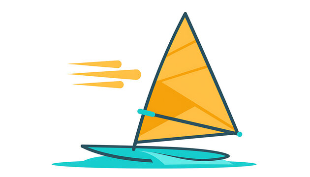 Vector illustration of a windsurfer gliding across the water with a yellow sail and speed lines, representing extreme water sports and summer recreation.

