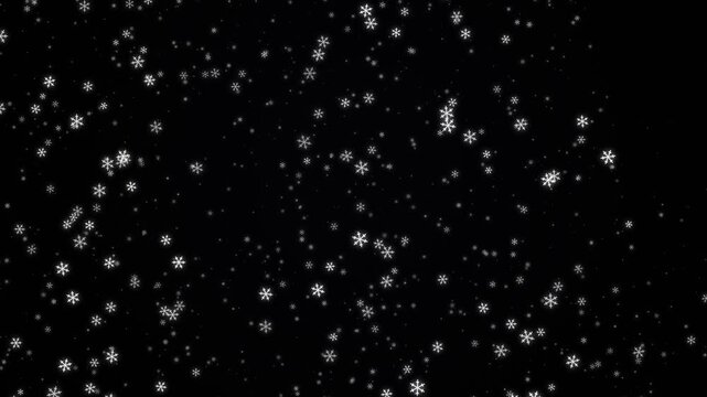 Abstract background with falling white snowflakes on a black backdrop.
