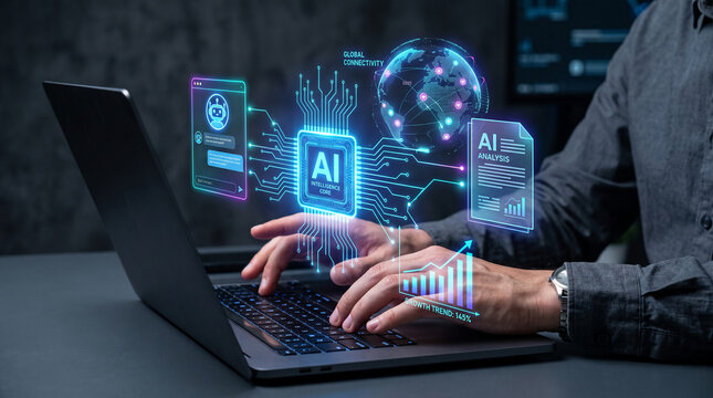 Holographic AI interface with globe and data visualization over a laptop, representing digital intelligence and global connectivity