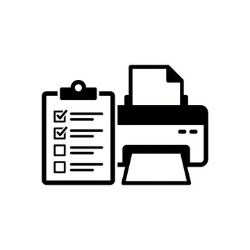 Office equipment inspection icon with a printer and a check marked clipboard for regular maintenance records
