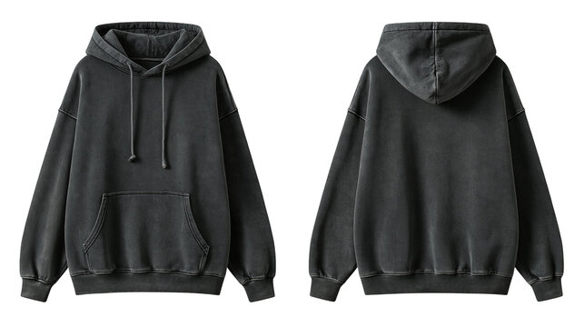Faded black oversized cotton hoodie with front pocket and drawstring hood