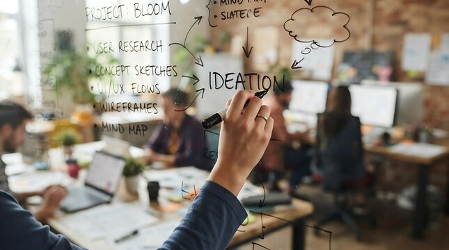 Creative professional writing ideation concepts on a glass board in a modern office.