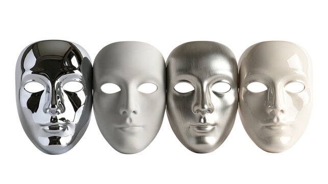 Four distinct human face masks with chrome matte white brushed metal, and glossy