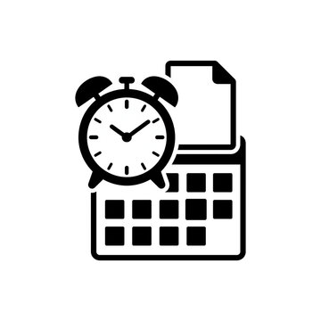 Due date reminder icon with an alarm clock over a calendar and paper report for time sensitive business tasks