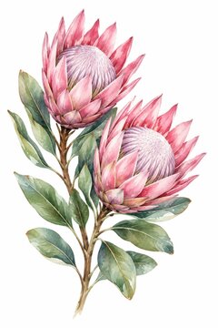 Beautiful watercolor painting of two soft pink protea flowers with green leaves on stem