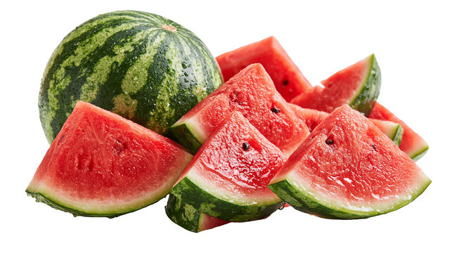 Whole fresh watermelon and multiple sliced triangular wedges with seeds